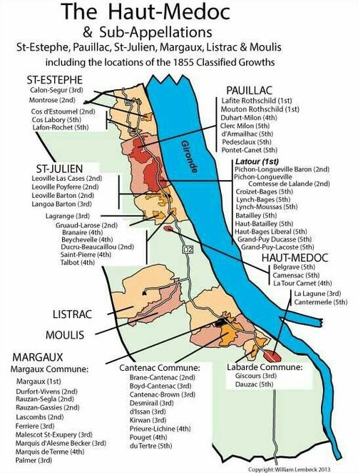 오 메독(The Haut-Médoc) 지역의 6개의 마을 (아펠라시옹 : Appellations) 와인리스트