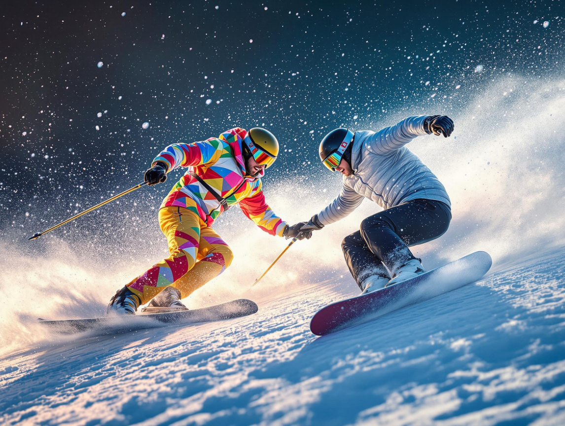 스키어와 스노보더간의 출동하기 직전 상황