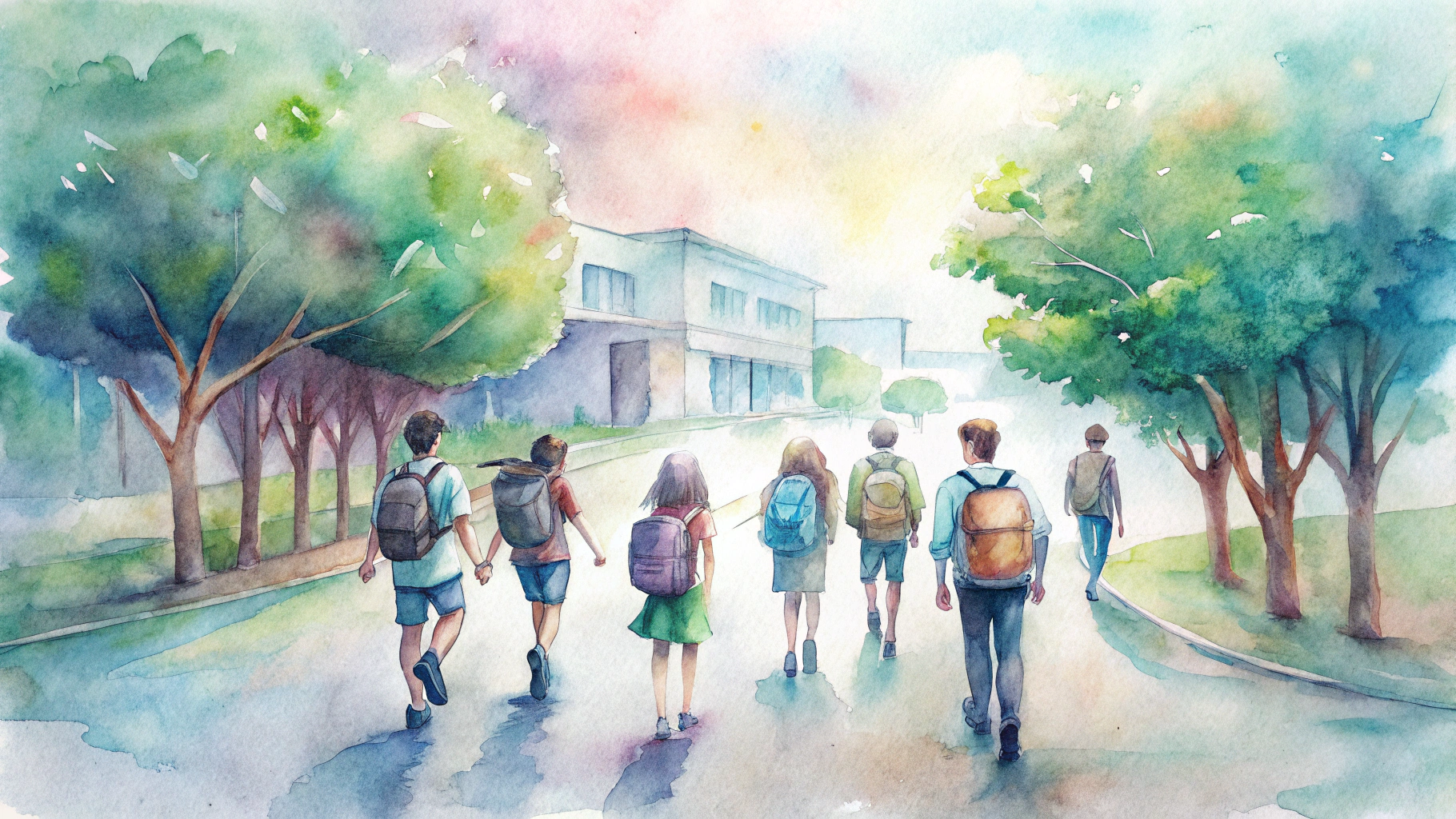 ### 대체 텍스트 (Alt Text)
학교로 등교하는 한국 학생들. 책가방 메고 학교 건물 향해 걸어감. 건물 주변 나무들. 길 양옆 푸른 나무와 잔디. 다양한 캐주얼 복장. 밝은 분위기 속 등교. 수채화 스타일.