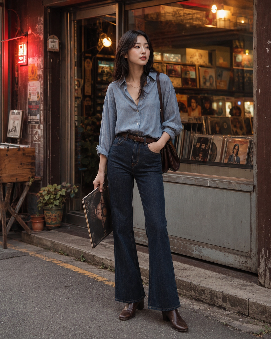 루즈한 블라우스 + 부츠컷 데님 + 가죽 벨트처럼 색과 아이템을 연결해 전체 착장을 정돈한 코디입니다.