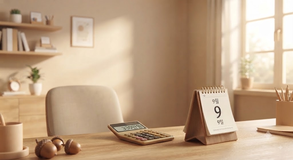 9월 9일 날짜가 적힌 캘린더와 330만 원이 표시된 계산기, 그리고 아늑한 오피스 책상을 나타내는 금융 재테크 대표 이미지