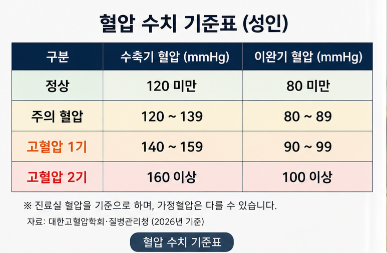 성인의 수축기·이완기 혈압 수치에 따른 정상 혈압과 고혈압 기준을 비교해 정리한 표