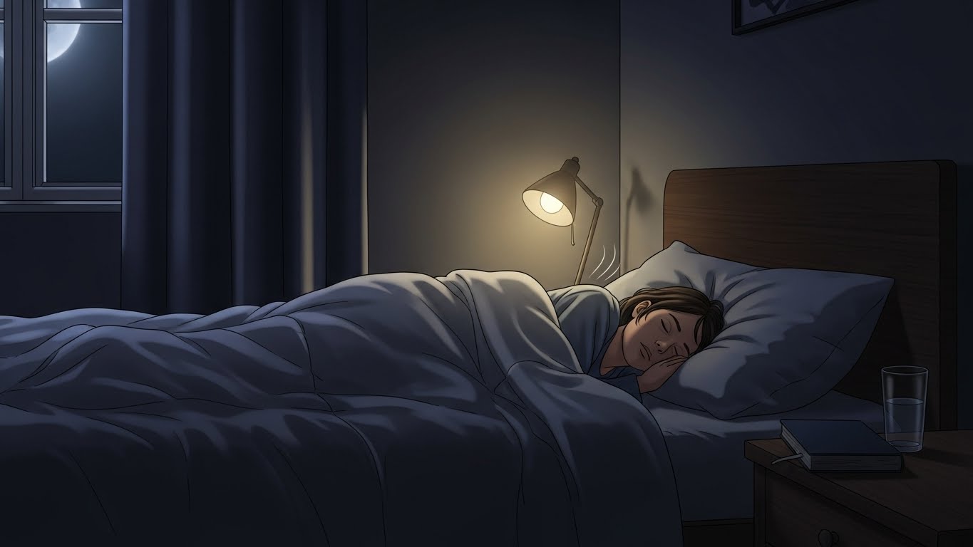 Woman sleeping deeply in a dark calm room, promoting healthy sleep habits for better immunity and overall wellness.