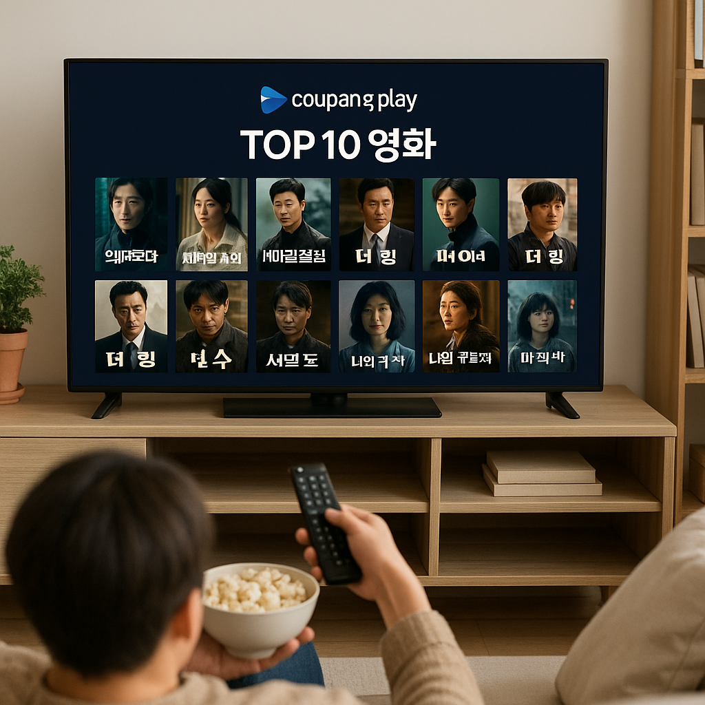 쿠팡플레이 Top 10 영화를 TV로 시청하는 사람의 거실 모습