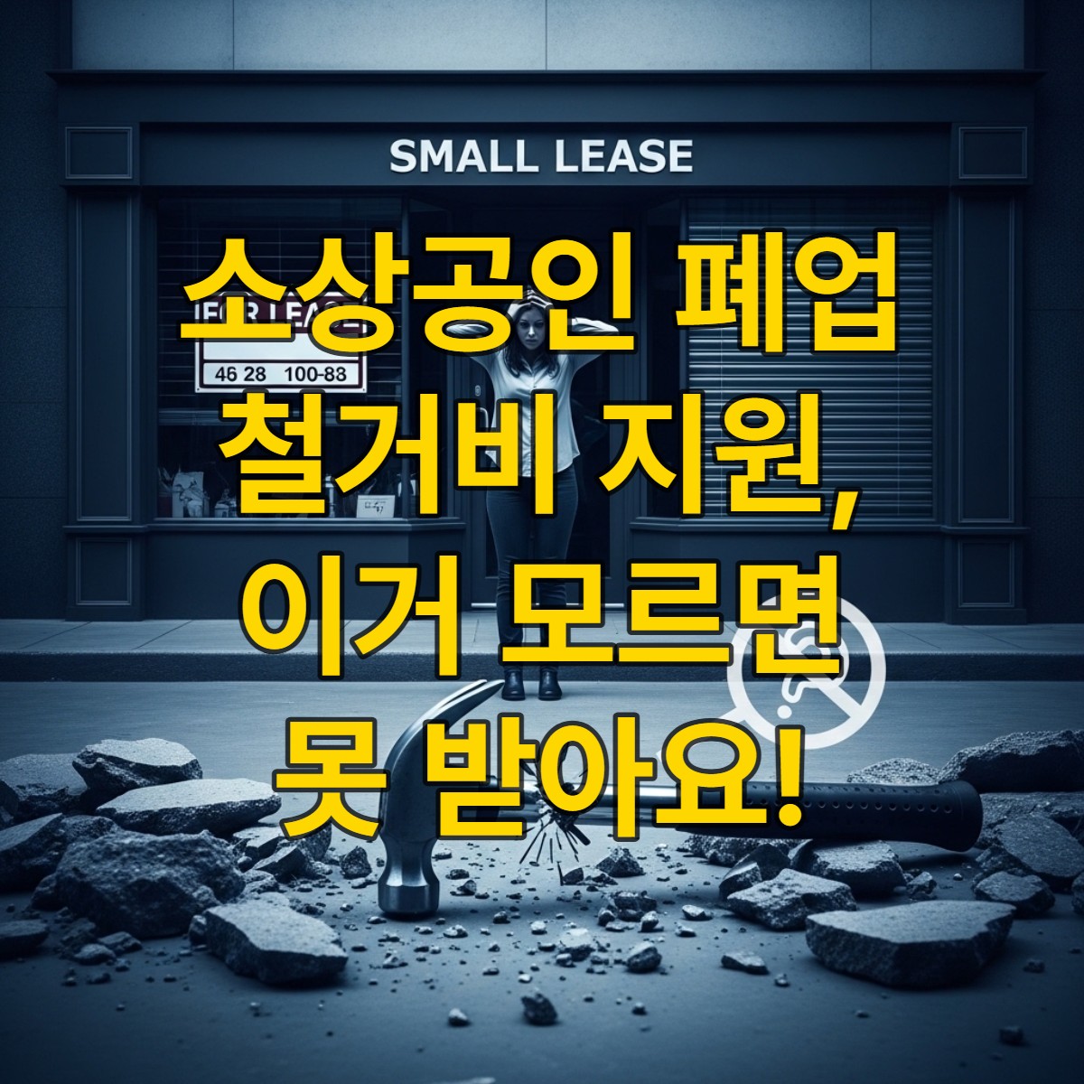 폐업한 점포 앞에서 망연자실한 소상공인과 철거 잔해, 희망리턴패키지 지원 불가 상황을 상징하는 이미지