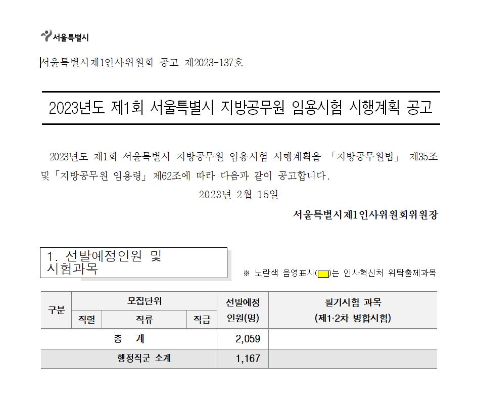 서울시 지방공무원 시험 계획