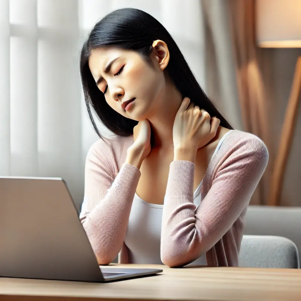 책상에서 목을 앞으로 빼고 노트북을 보는 자세가 나쁜 동양인 젊은 여성의 초고해상도 사진