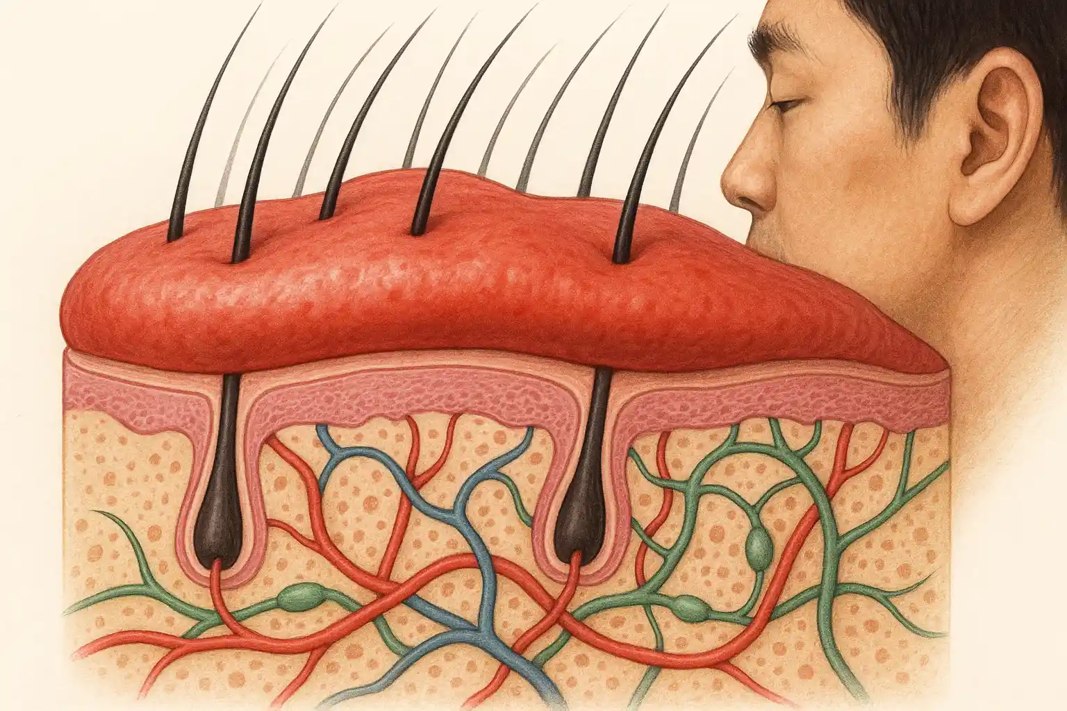 혈액순환 저하로 붓고 두꺼워진 두피. 림프·혈관이 막힌 듯 정체된 모습과 함께 두피가 부풀어 오른 단면