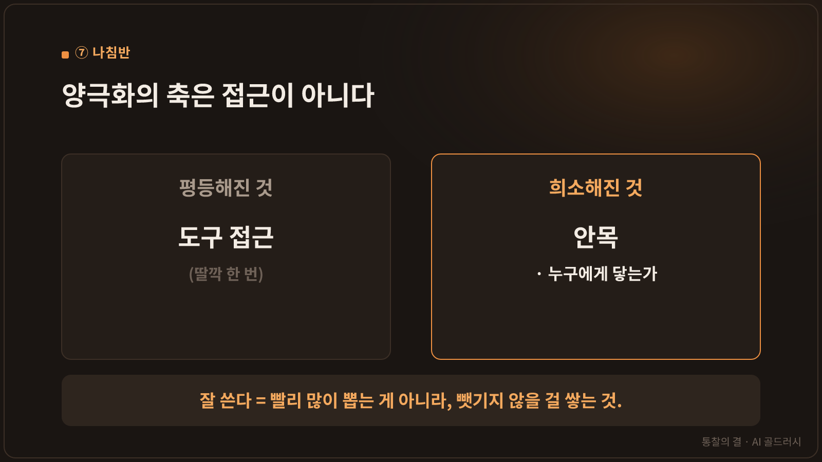 양극화의 축을 짚는 대비 이미지. '평등해진 것 = 도구 접근(딸깍 한 번)' vs '희소해진 것 = 안목·누구에게 닿는가'. "잘 쓴다 = 빨리 많이 뽑는 게 아니라, 뺏기지 않을 걸 쌓는 것."