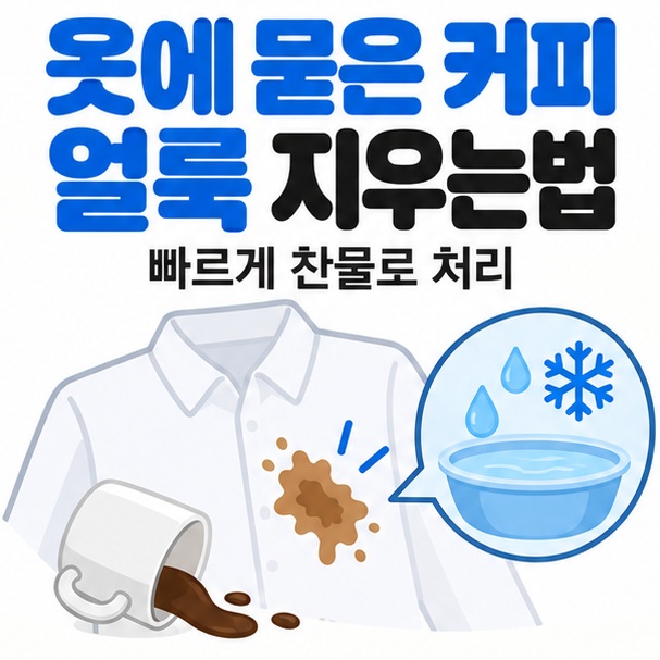 옷에 묻은 커피 얼룩 지우는법을 커피 자국이 묻은 셔츠와 찬물 세탁 아이콘으로 표현한 카드뉴스