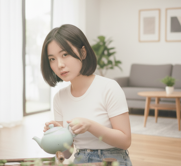 거실에서 무릎을 꿁고 차를 내리는 사람