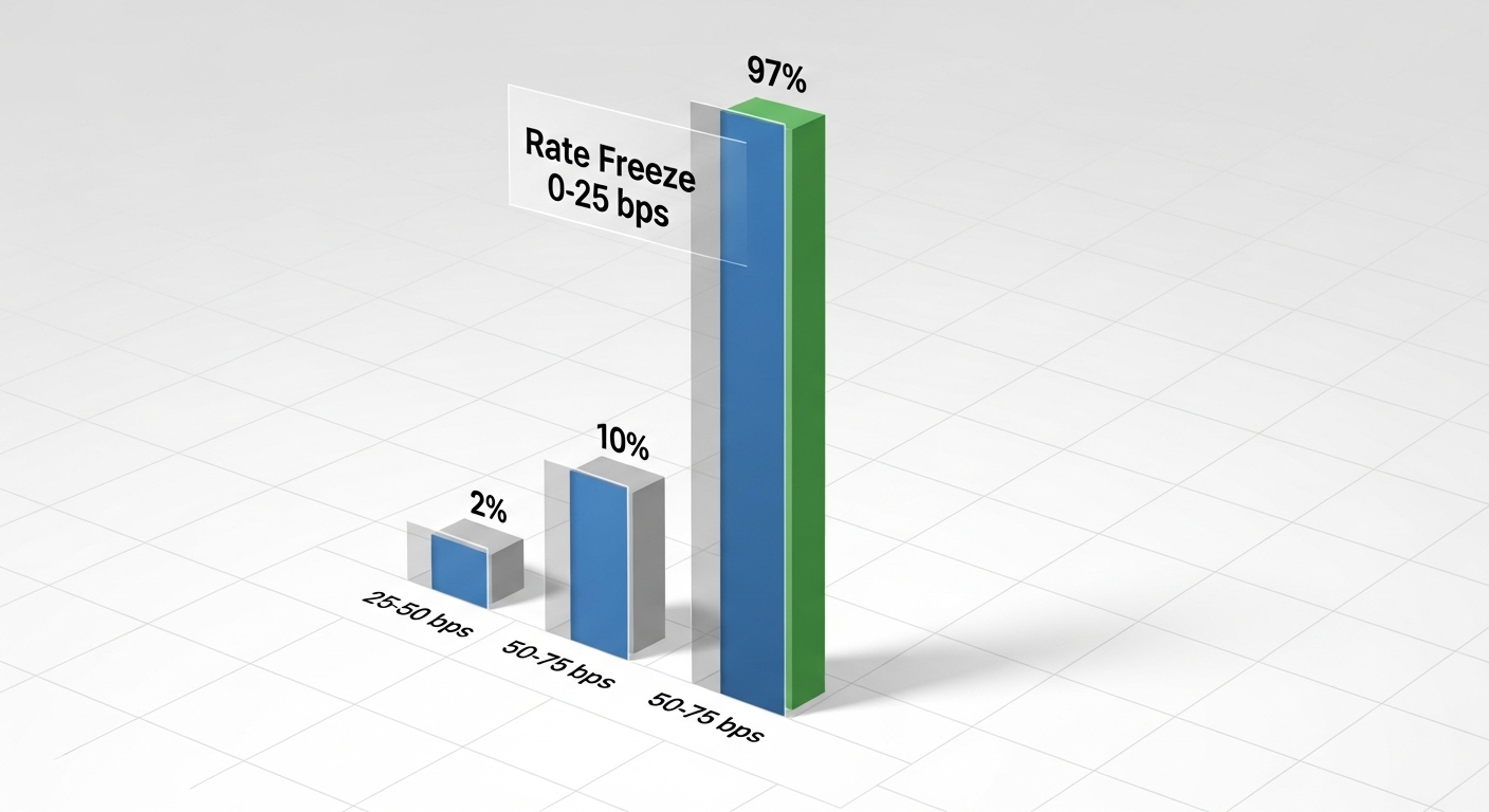 Simplified 3D chart image of CME FedWatch tool showing the rate freeze bar graph towering at 97%.
