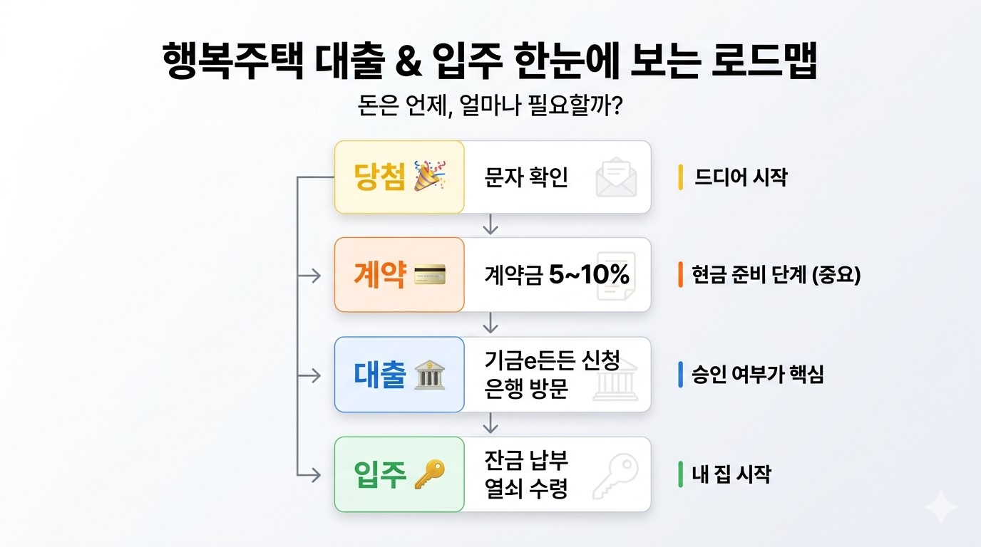 행복주택 당첨 후 계약금 납부, 청년 버팀목 대출 신청, 잔금 납부 및 입주까지의 시기별 자금 흐름 로드맵