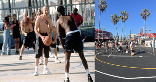 영화 아메리칸 히스토리 X에서 농구를 하는 장면과, 그 장면을 촬영한 베니스 비치 농구 코트의 사진