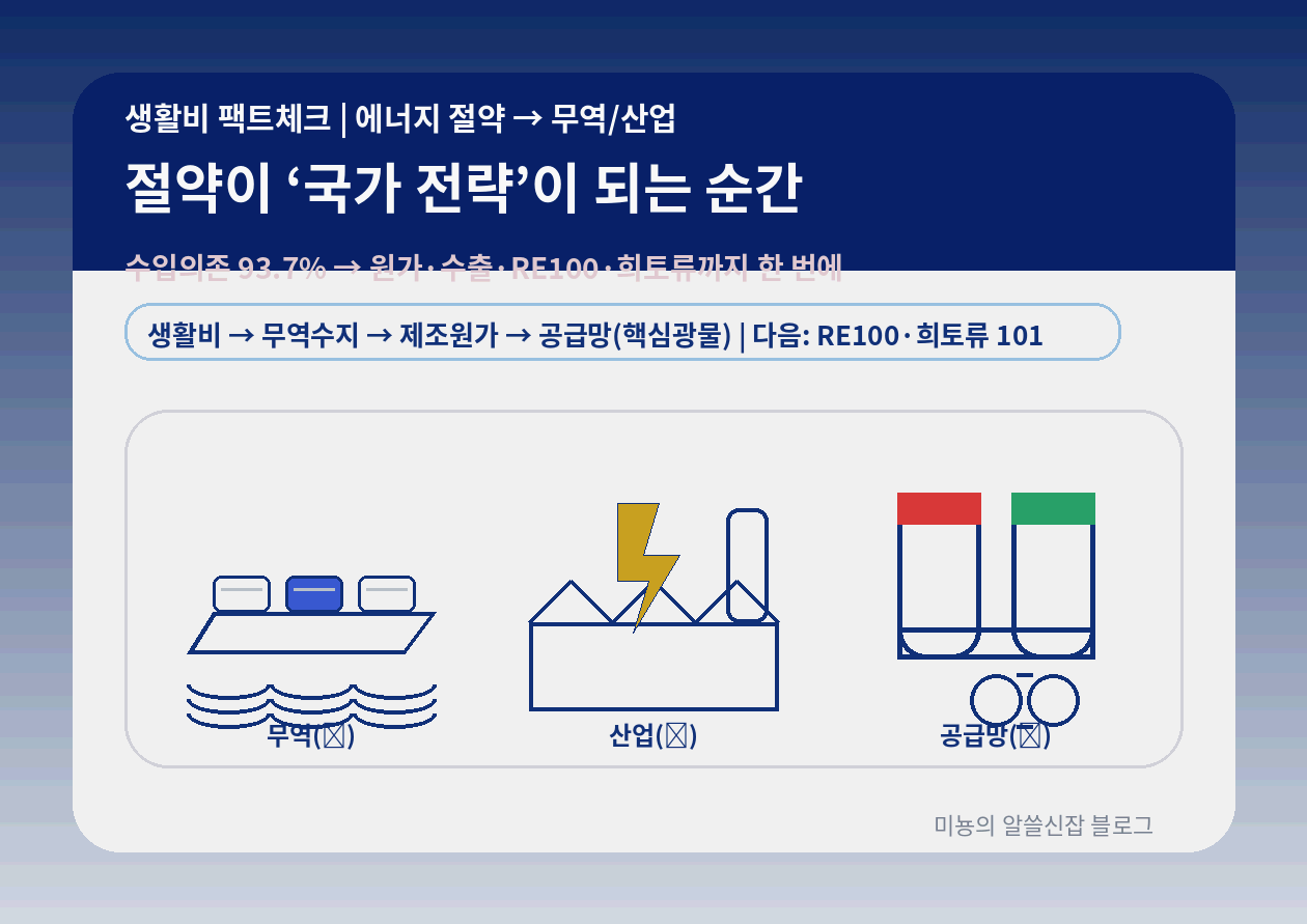 에너지 절약 &rarr; 무역/산업정책｜"아끼는 습관"이 '국가 전략'이 되는 순간: RE100&middot;희토류로 가기 전 필수 관문