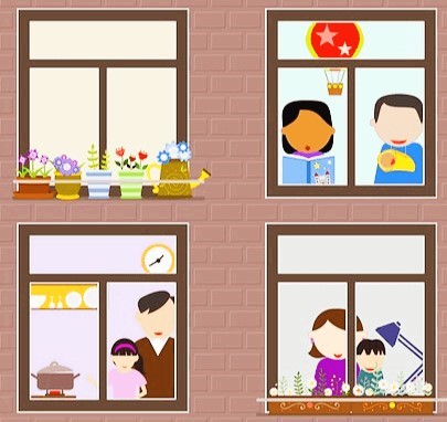 갈색 벽돌로 만들어진 2층 건물이다. 1층에는 아빠와 딸, 엄마와 아들이 있고, 2층에는 예쁜 꽃화분들이 창가에 배치됐으며, 또 다른 아들과 딸이 독서중이다.