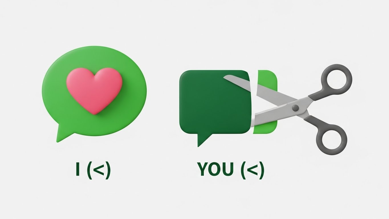 상대를 비난하는 대화 대신 나의 감정을 먼저 전달하는 '나-화법' 대화 방법을 상징하는 그래픽