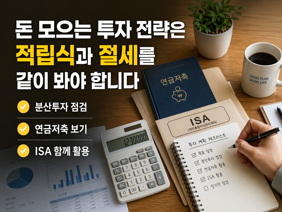 적립식 투자, 분산투자, 연금저축, ISA를 함께 활용해 돈을 모으는 투자 전략을 실천하는 방법을 설명하는 실전 점검표 이미지입니다.