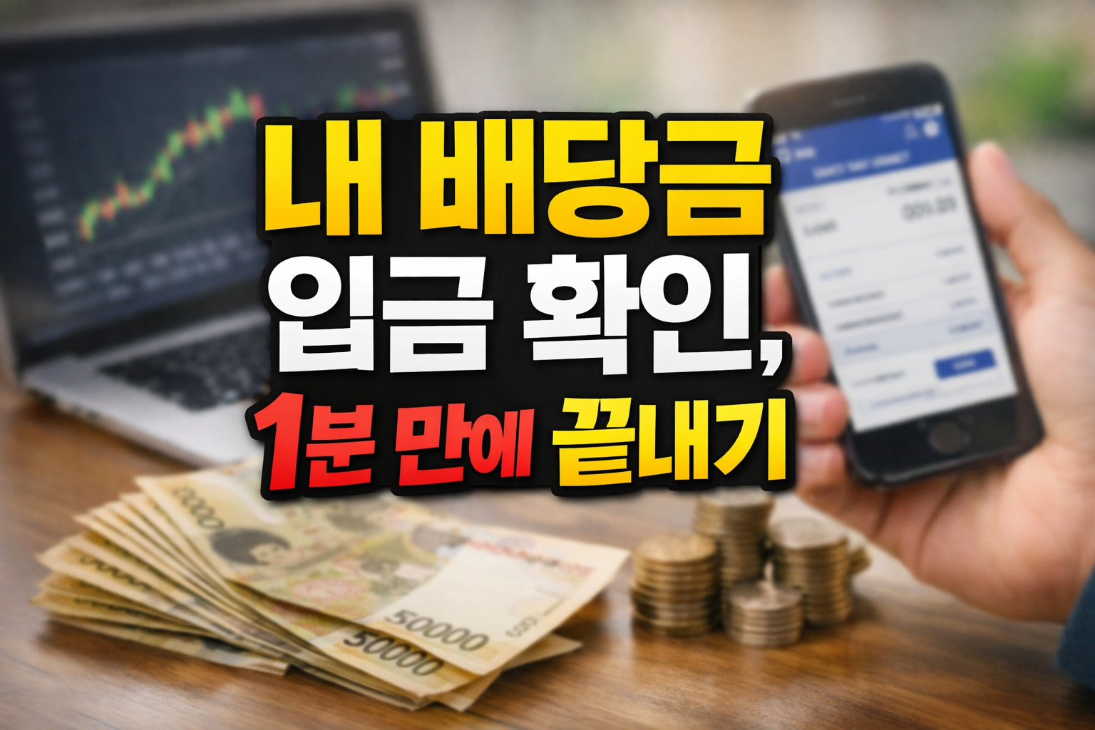 스마트폰으로 배당금 입금 내역을 확인하는 화면과 현금 지폐, 동전이 놓인 책상 모습, 배당금 조회 방법을 설명하는 금융 이미지