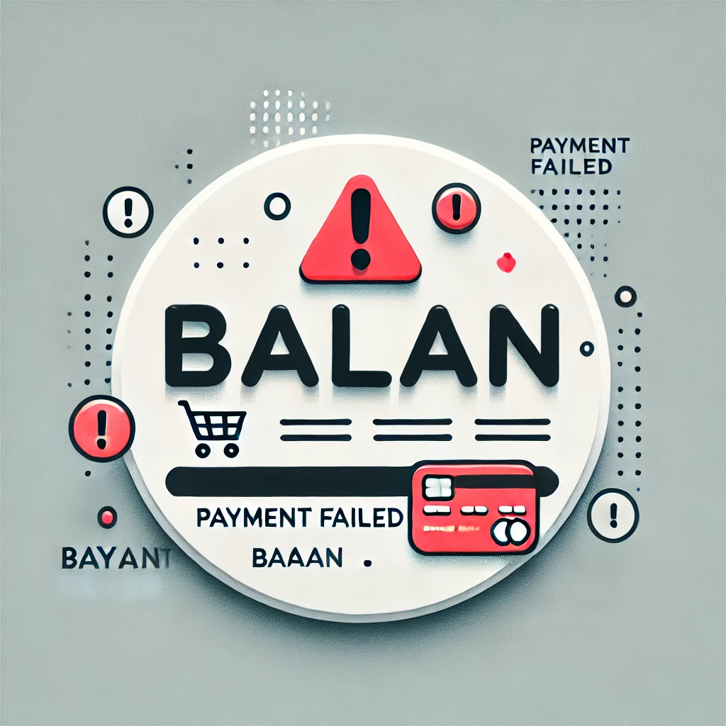 온라인 명품 플랫폼 발란(Balaan)의 결제 중단 및 정산 지연 사태를 상징하는 미니멀한 경고 이미지. 빨간 경고 아이콘과 ‘결제 실패’ 아이콘, 심플한 흰 배경 속 브랜드명 Balaan이 중심에 배치된 구성