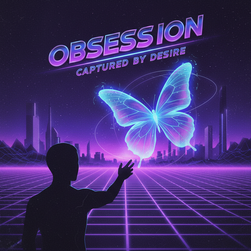 80년대 신스팝 분위기의 'Obsession' 노래를 연상시키는 신비롭고 어두운 이미지, 보랏빛 조명 아래 실루엣 또는 몽환적인 분위기.