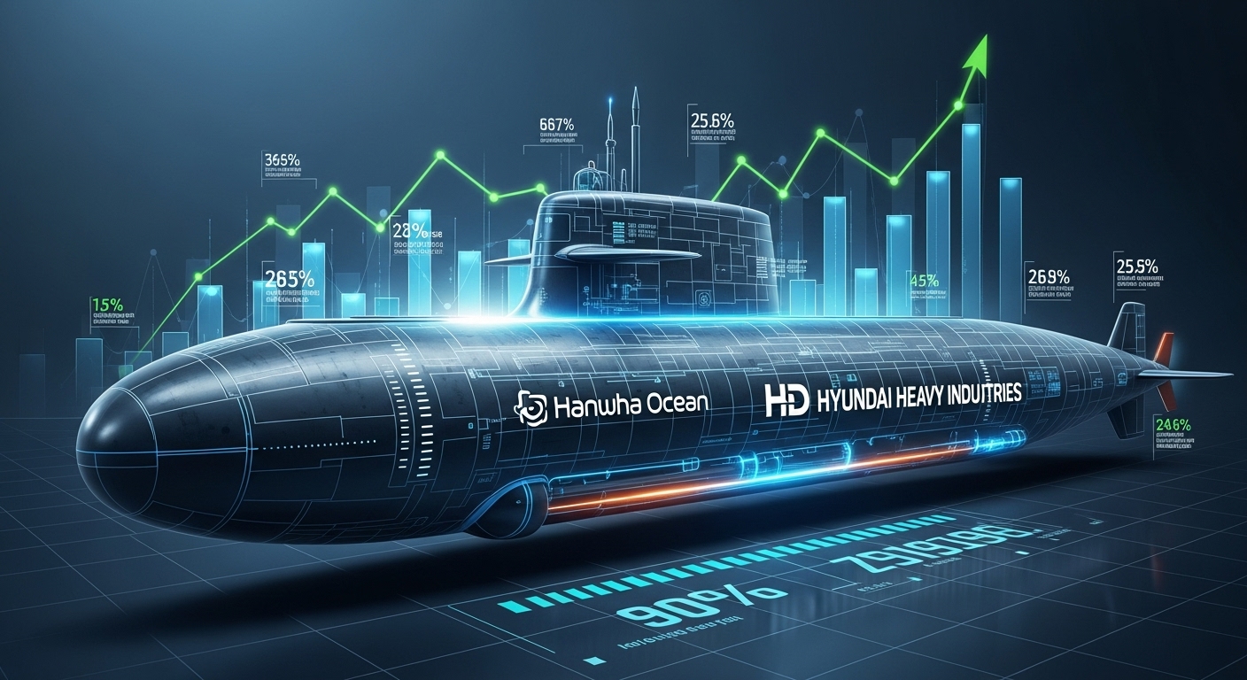 한화오션, HD현대중공업 등 주요 방산 기업 로고와 잠수함 설계도, 상승하는 주식 차트가 어우러진 인포그래픽.