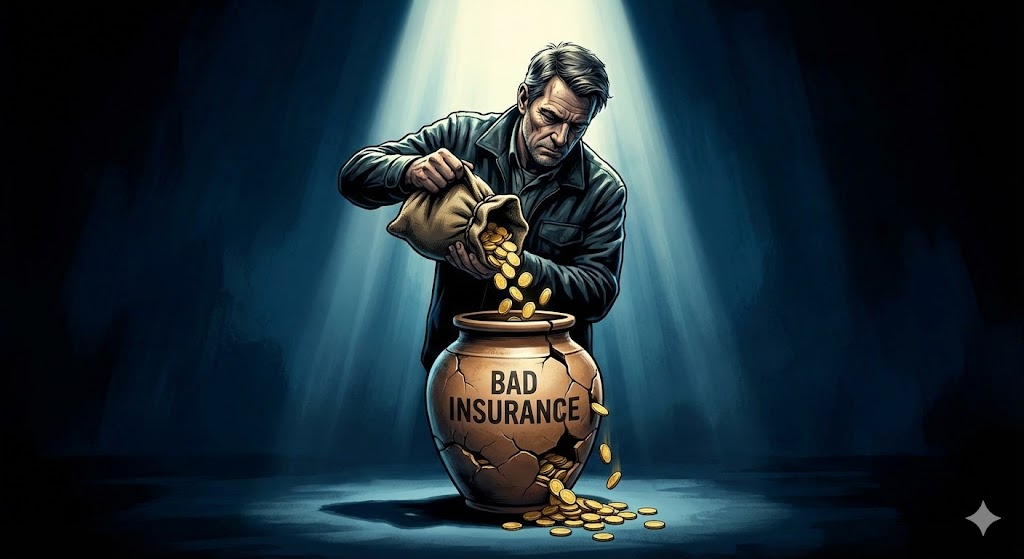 밑 빠진 독(보험)에 소중한 노후 자금을 붓고 있는 은퇴 준비자의 뒷모습과 '해약이 답이다'라는 강렬한 문구가 적힌 고화질 이미지