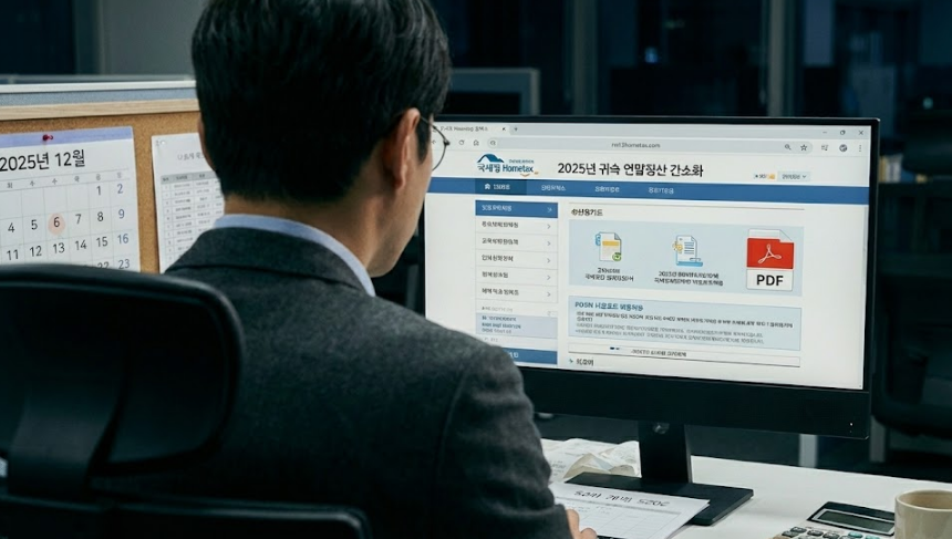 2025년 연말정산을 준비하는 사람이 태블릿으로 세금 서류를 확인하며 절세 계획을 세우는 모습