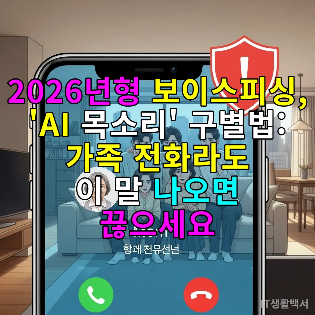 스마트폰 화면에 뜬 엄마의 전화와 AI 보이스피싱 경고 아이콘, 걱정하는 한국 가족의 모습