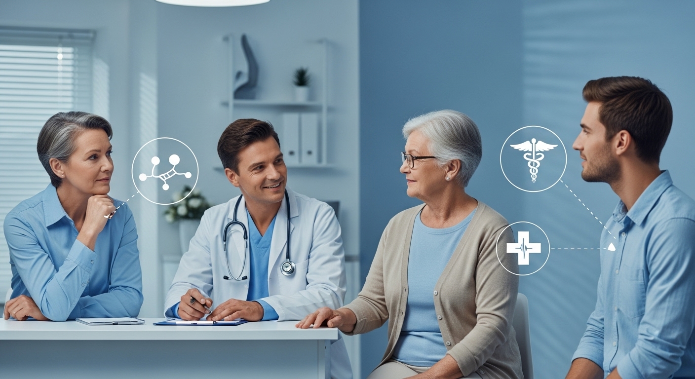 의료진이 50대 이상 성인 및 면역저하자와 상담하며 대상포진 예방접종에 대해 설명하는 모습