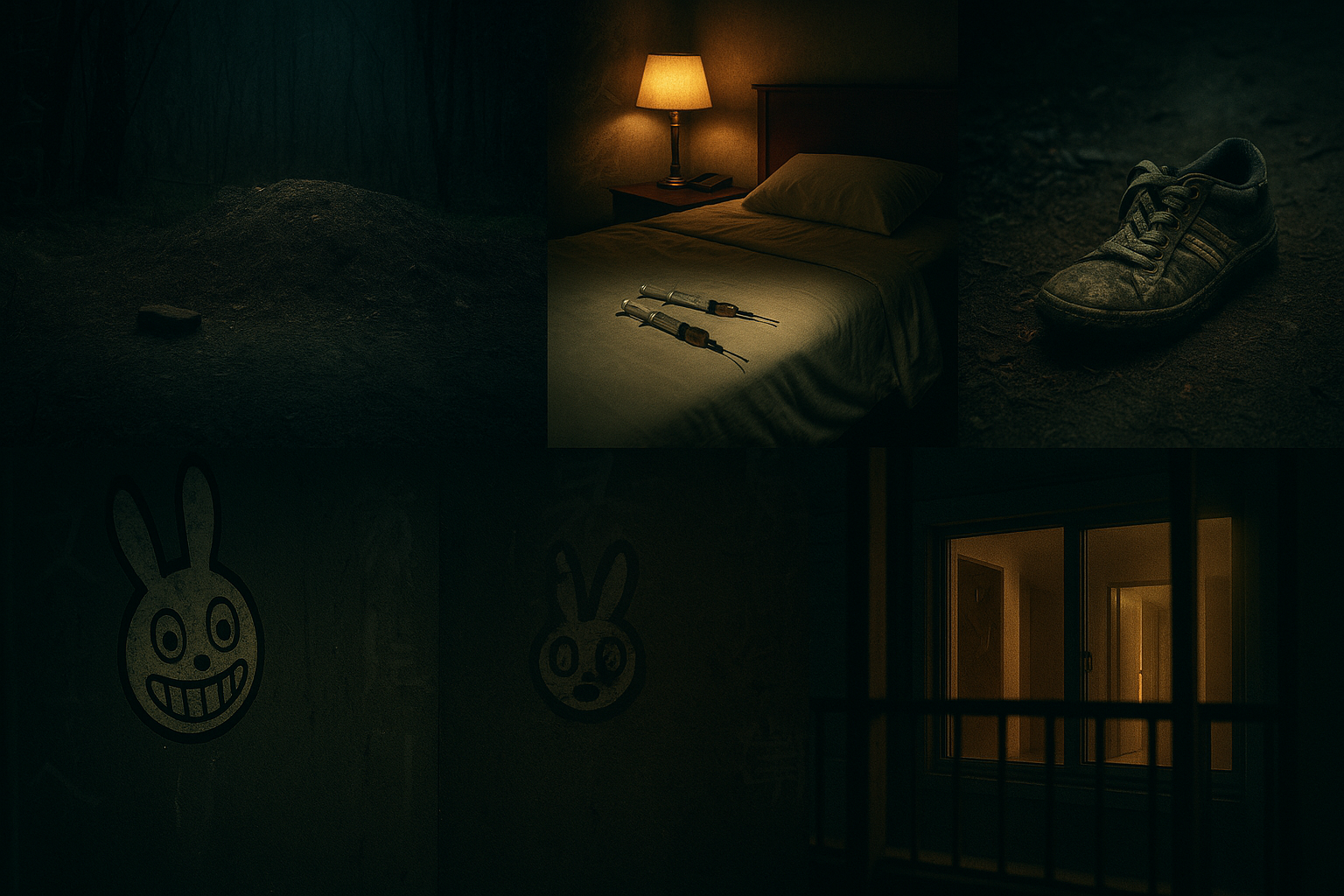 해남 암매장, 김성재 사건, 개구리소년, 엽기토끼, 신혼부부 실종을 상징하는 미스터리 이미지