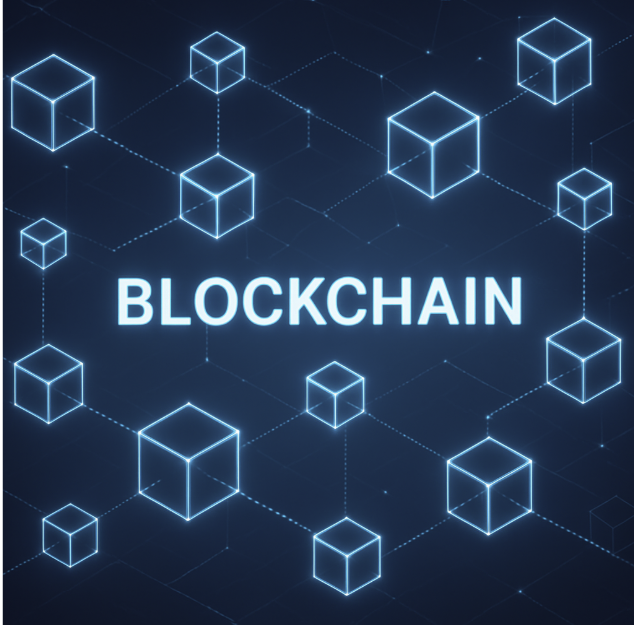 "파란색 배경 위에 빛나는 큐브들이 선으로 연결된 블록체인 네트워크 구조, 중앙에 'BLOCKCHAIN'이라는 텍스트가 강조되어 있는 디지털 일러스트"