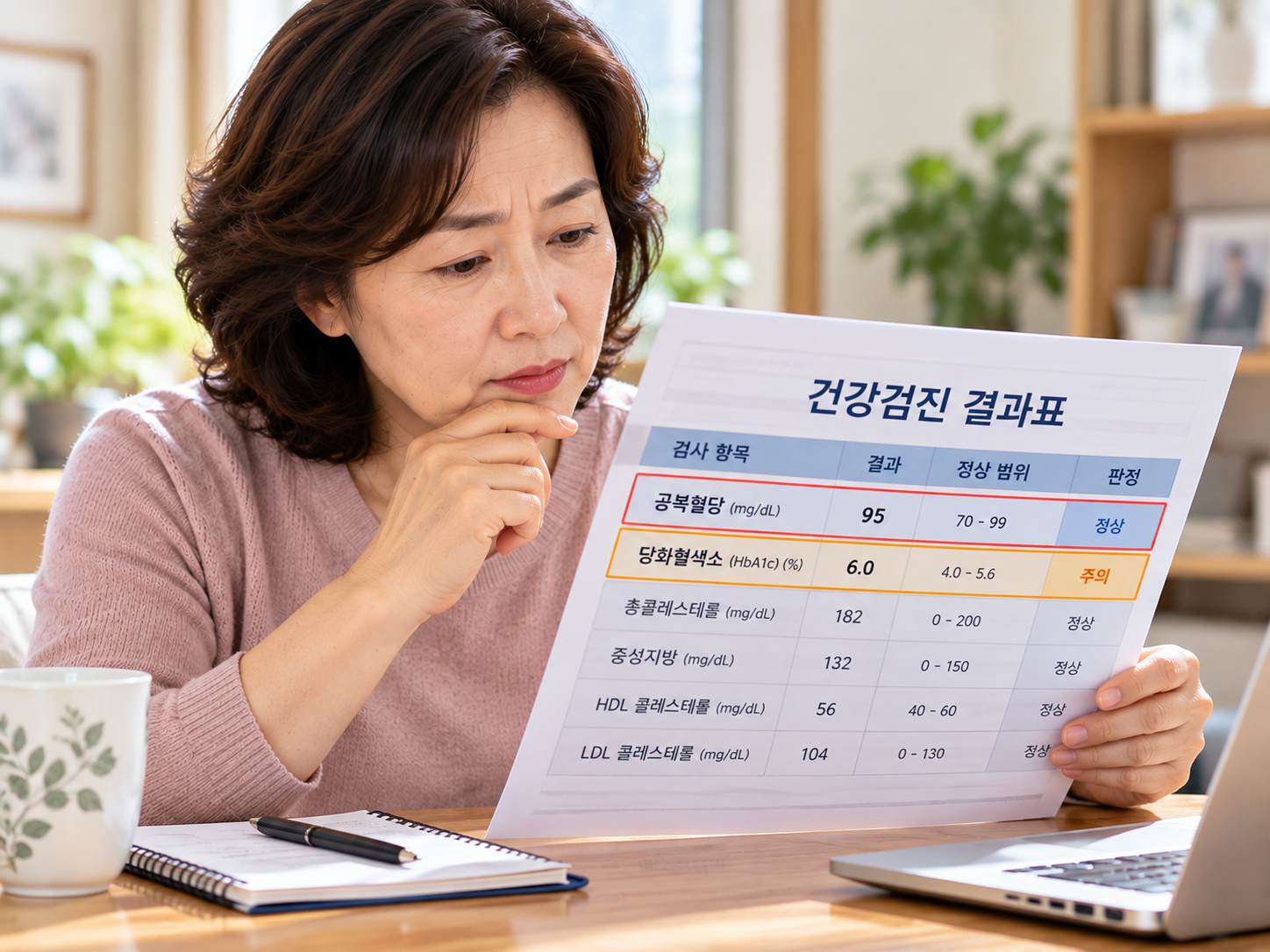 건강검진 결과표에서 공복혈당과 당화혈색소 수치를 비교하는 중장년 여성의 이미지