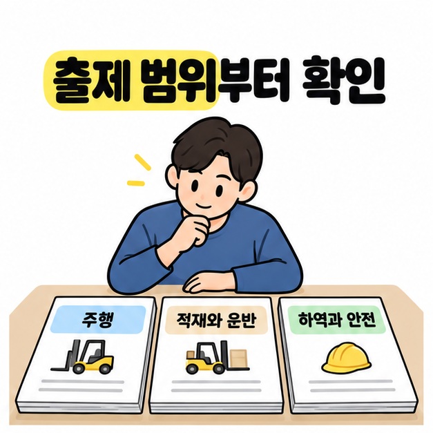 수험자가 주행, 적재와 운반, 하역과 안전으로 구분된 세 자료 묶음을 보며 출제 범위를 확인하는 모습