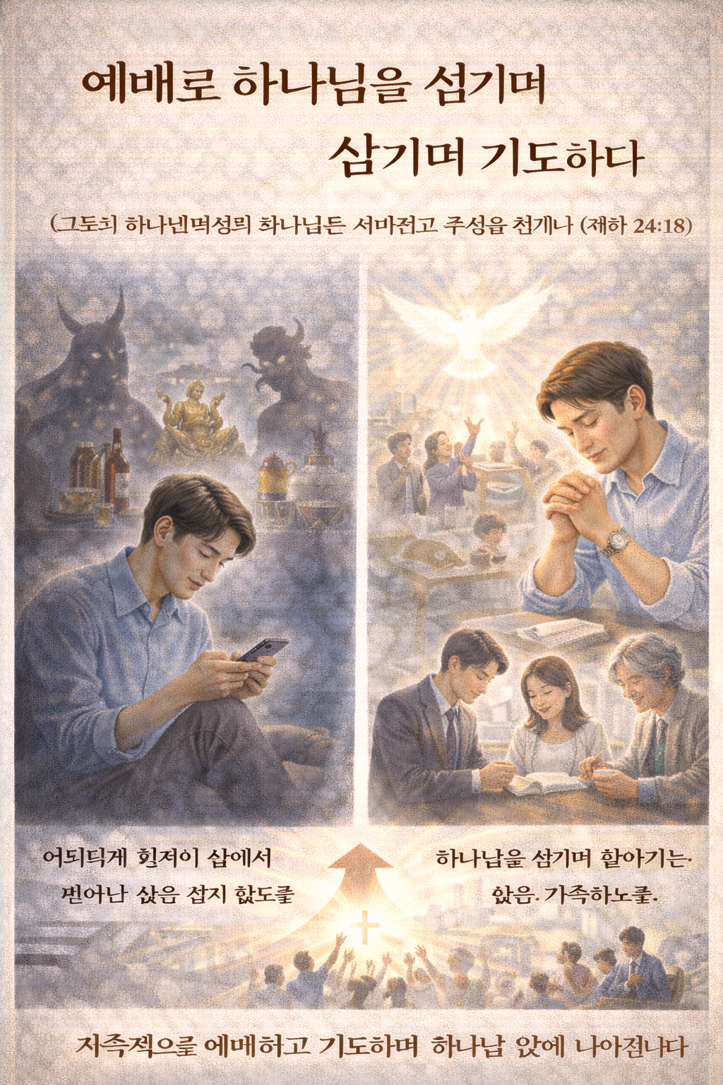 대하 24:18 말씀을 보며&amp;#44; 하나님께 지속적으로 드리는 예배를 멈췄을 때 그 자리에 우상이 들어서는 것을 보며&amp;#44; 저도 지속적으로 드리는 예배와 기도와 베이직의 자리를 다른 거스로 채우는 어리석음을 범하지 않기를 기도합니다. 제가 어리석게 현재의 삶에서 벗어난 삶을 살아가지 않도록 하나님을 섬기며 살아가는 선한 삶을 살기를 기도합니다^^ 이 삶을 지속하는 삶의 모습입니다.