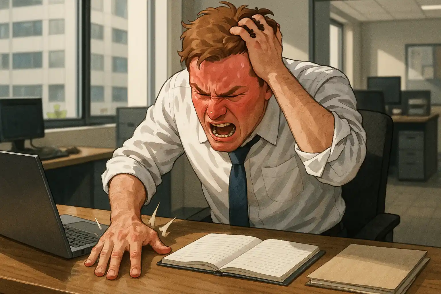 사무실에서 분노로 얼굴이 붉어진 직장인, 책상을 세게 두드리거나 머리를 감싸 쥐는 장면