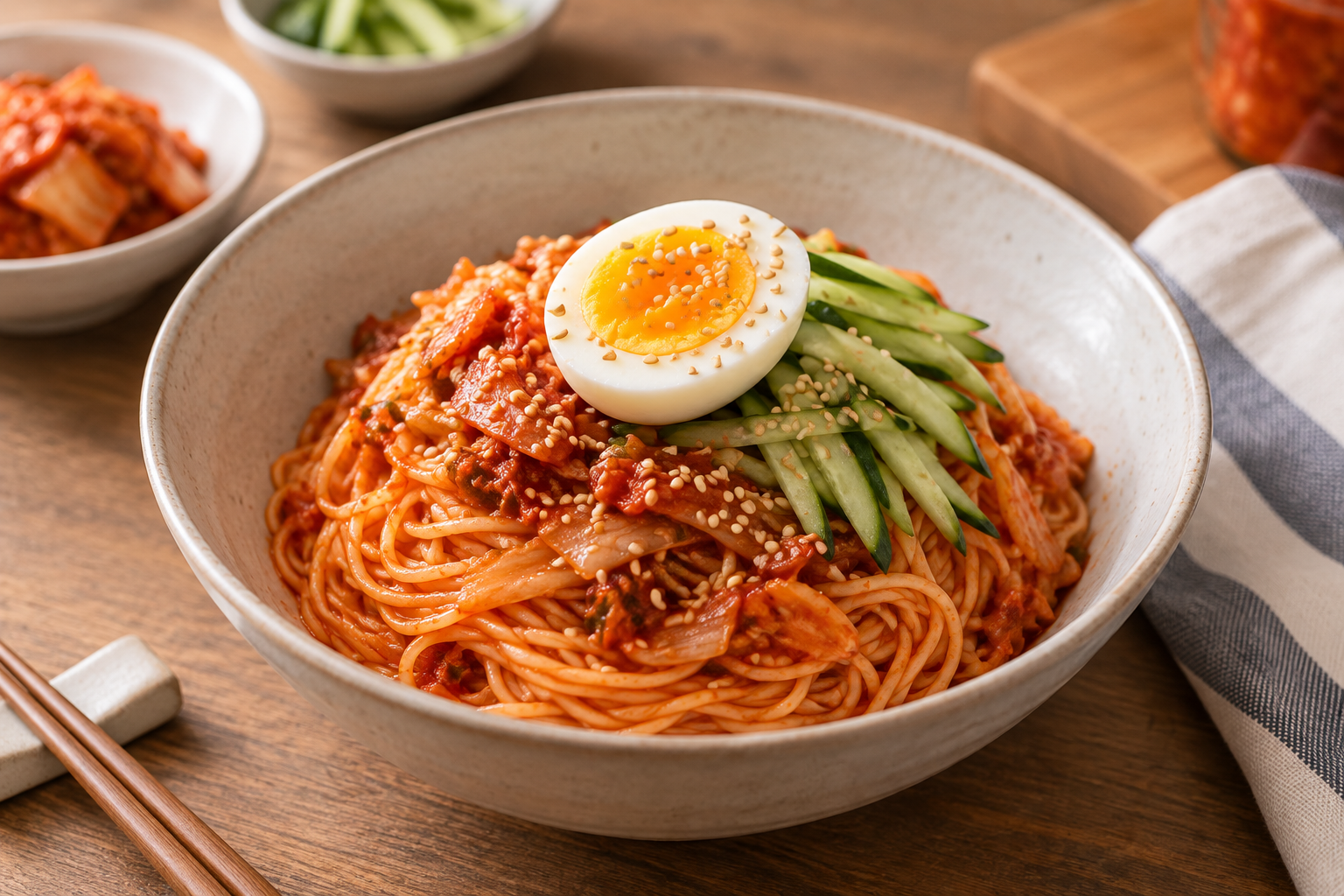 잘게 썬 김치 양념에 비빈 소면 위에 삶은 계란과 오이를 올린 김치비빔국수