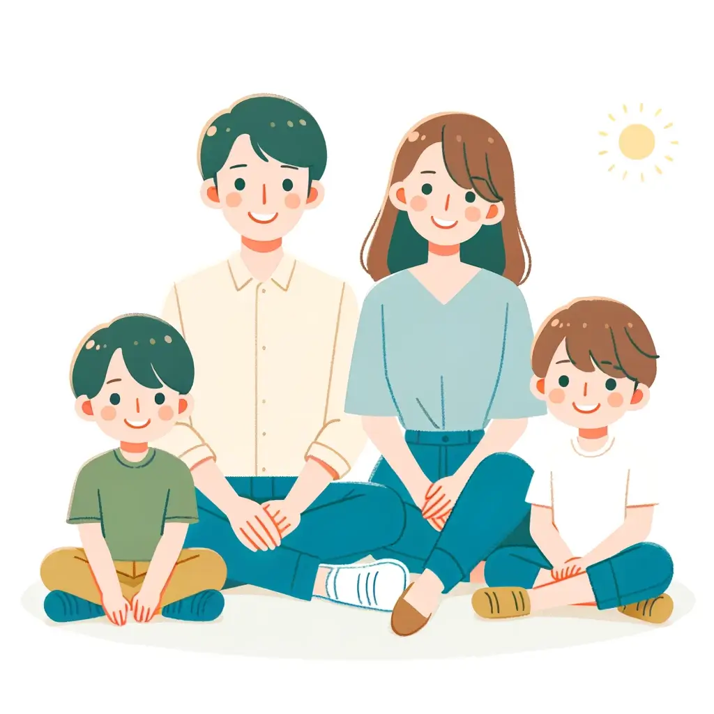 아빠, 엄마, 아이들이 함께 복지 혜택을 통해 웃고 있는 모습