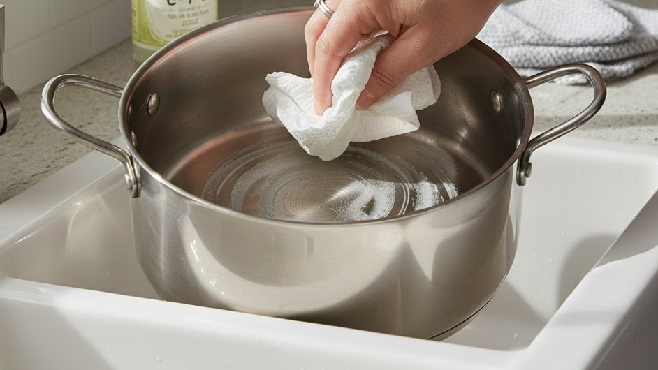 키친타월에 식초를 뭍여 닦는 모습