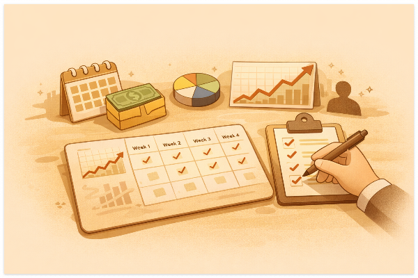 나스닥 ETF 분할매수와 체크리스트를 상징하는 투자 일러스트