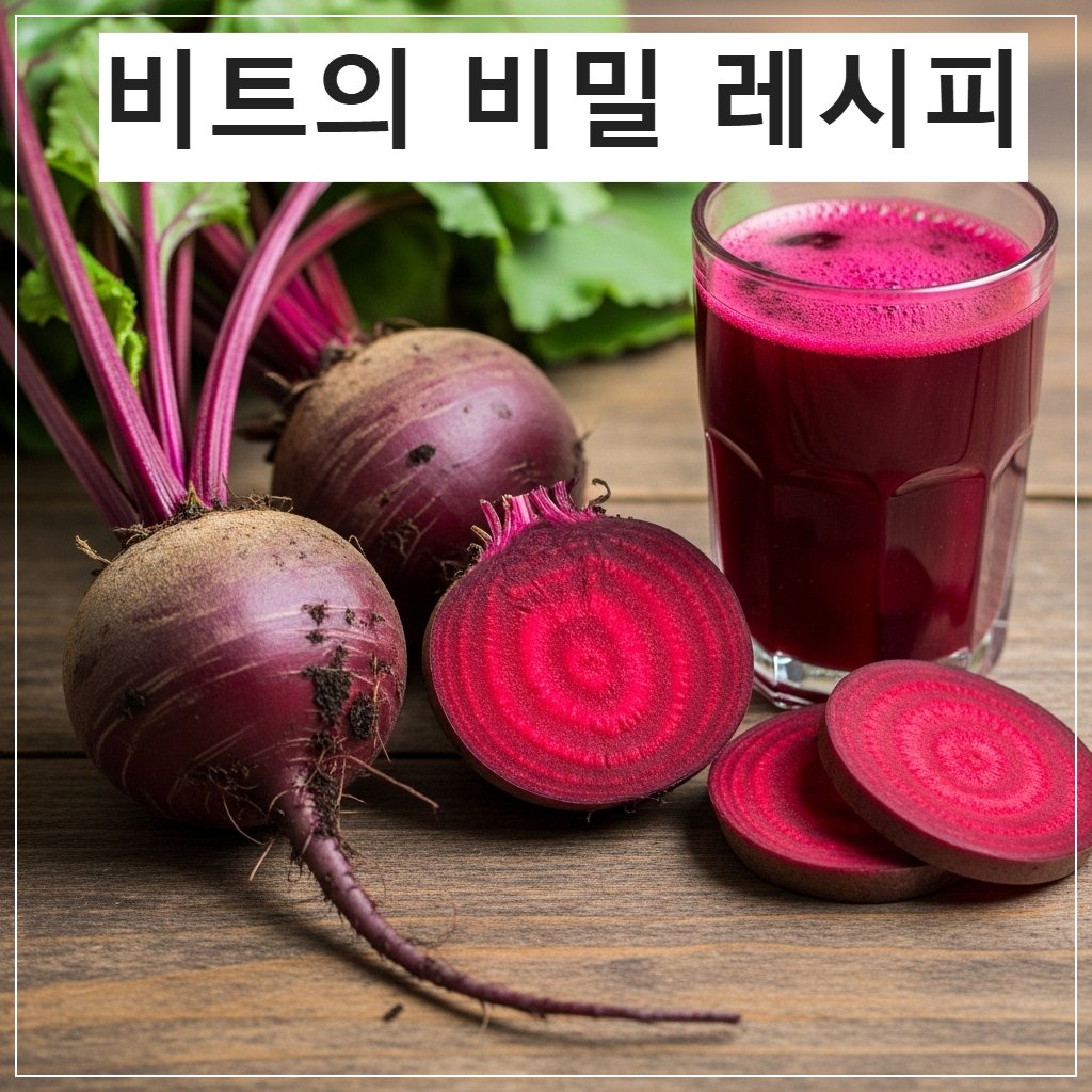 신선한 흙 묻은 비트와 붉은색 비트 주스가 나무 테이블 위에 놓인 모습