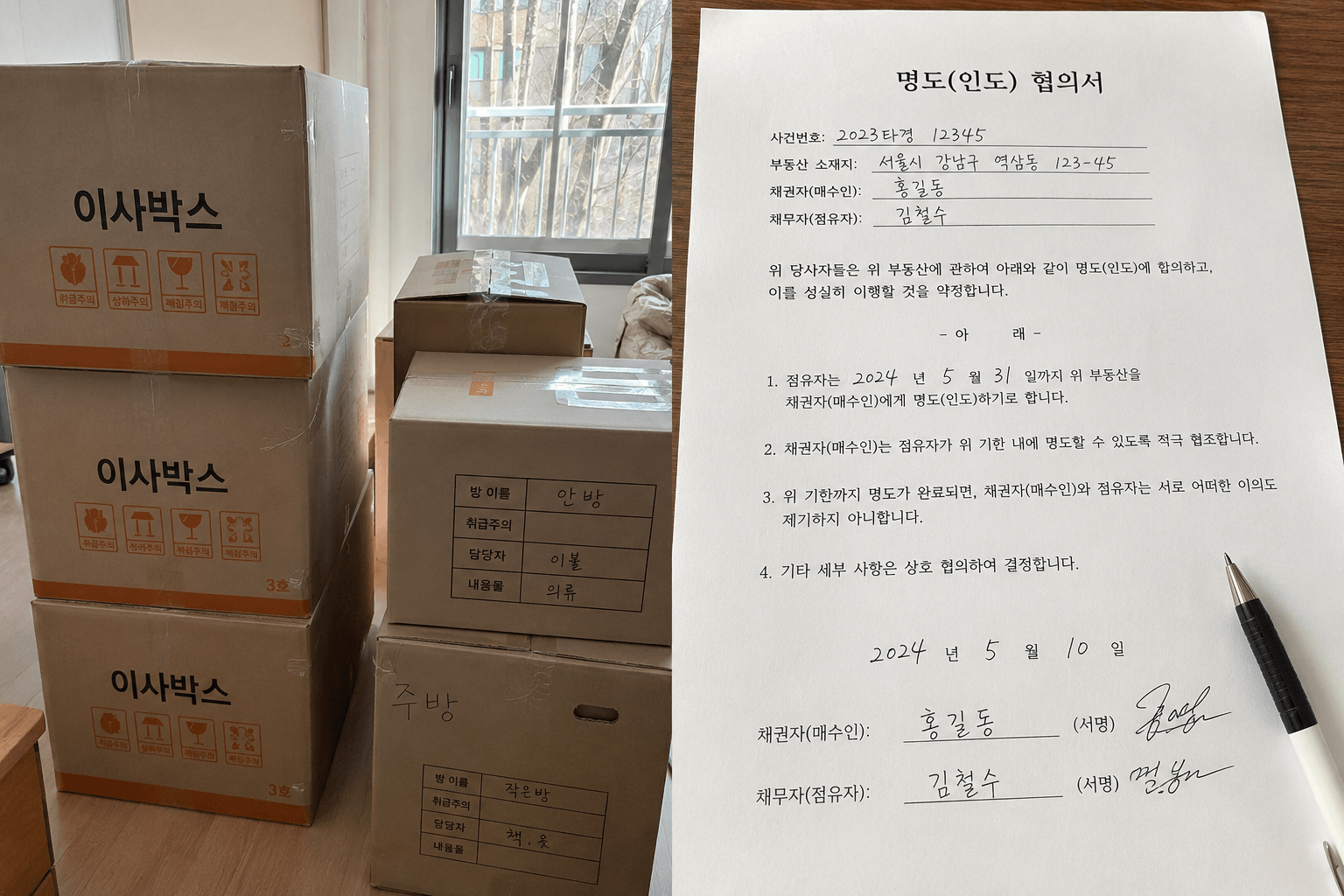 이사 박스 또는 명도 협의 서류 사진