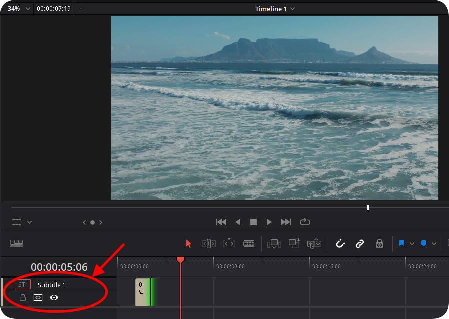 두 번째 자막이 표시될 위치에서 영상 정지하고 타임 라인 좌측에 있는 Subtitle 1 트랙을 클릭하는 화면