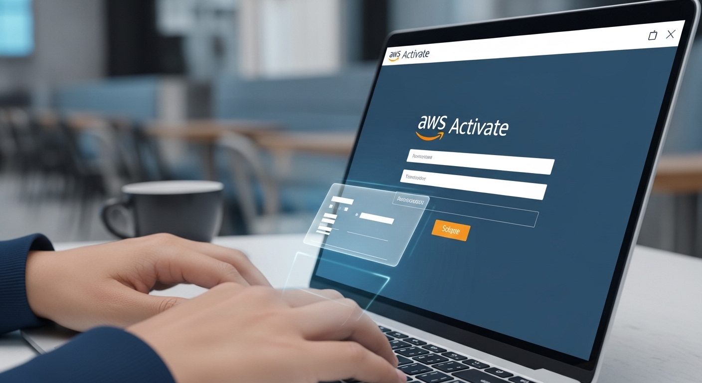 노트북으로 AWS Activate 온라인 신청서를 꼼꼼하게 작성하고 있는 스타트업 창업자의 손과 화면