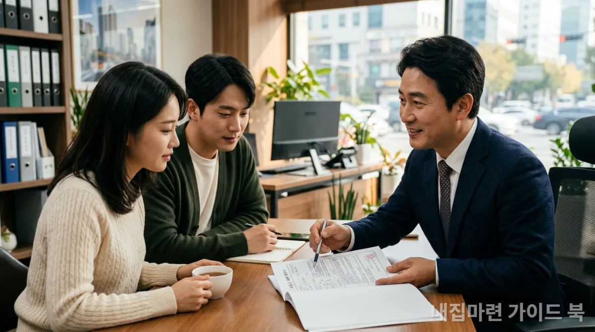 공인중개사와 아파트 매매 계약서를 검토하는 한국인 부부