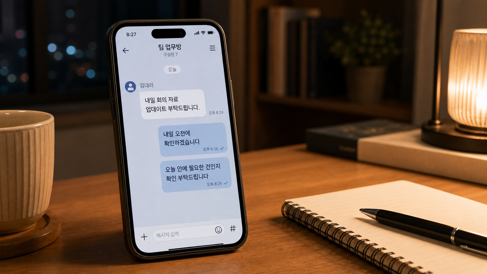 스마트폰 업무 메신저에 퇴근 후 답장 문구 예시가 표시된 모습