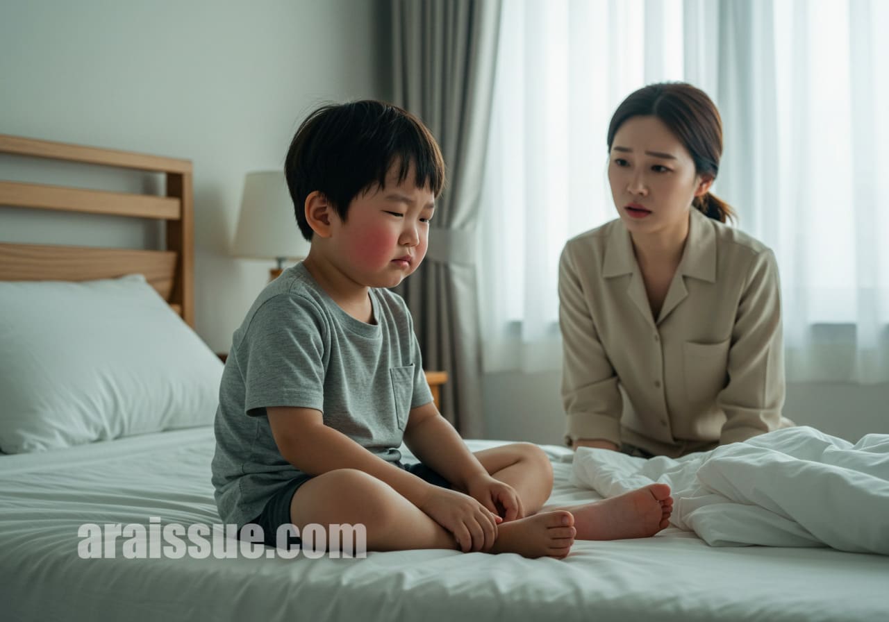 아토피 초기 증상으로 불편해하는 아이를 걱정스럽게 바라보는 어머니