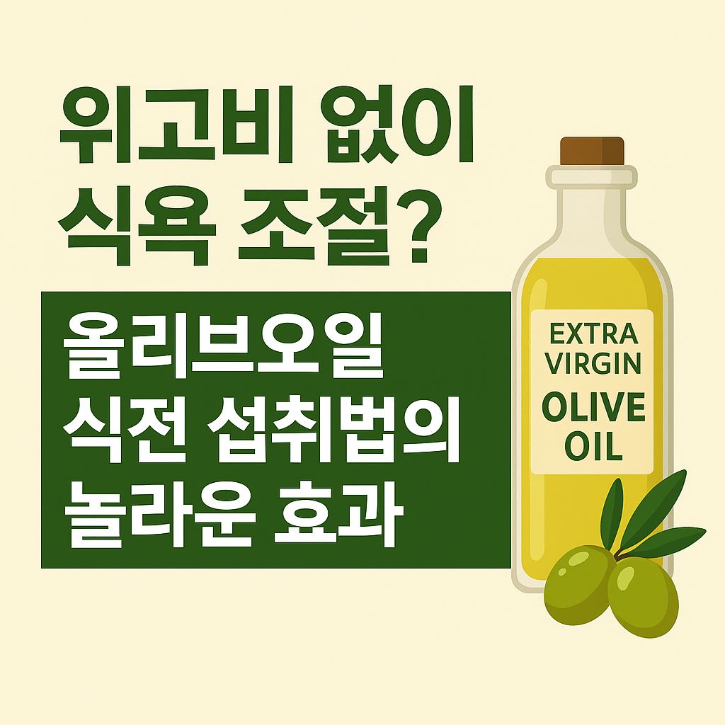 엑스트라 버진 올리브오일 병과 올리브 일러스트, 올리브오일로 식욕을 조절하는 건강 팁을 소개하는 배너