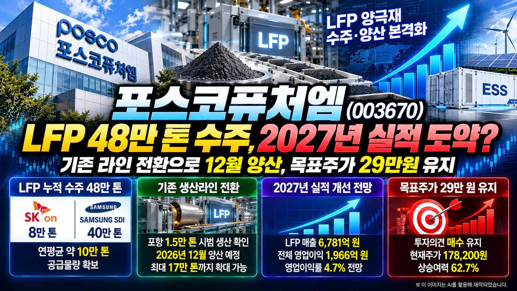 포스코퓨처엠(003670) 기업분석, SK온&middot;삼성SDI LFP 양극재 누적 수주 48만 톤 확보, 기존 생산라인 전환과 2026년 12월 양산 계획, 2027년 LFP 매출 6,781억원 및 영업이익 1,966억원 전망, 목표주가 29만원 유지