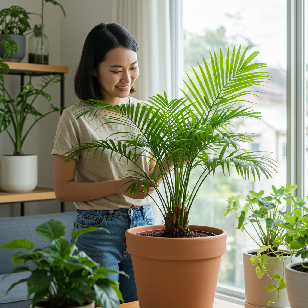 Chrysalidocarpus lutescens 나무를 집에서 기르고 있는 동양인 여성이 나무를 보며 흐믓해 하고 있다.